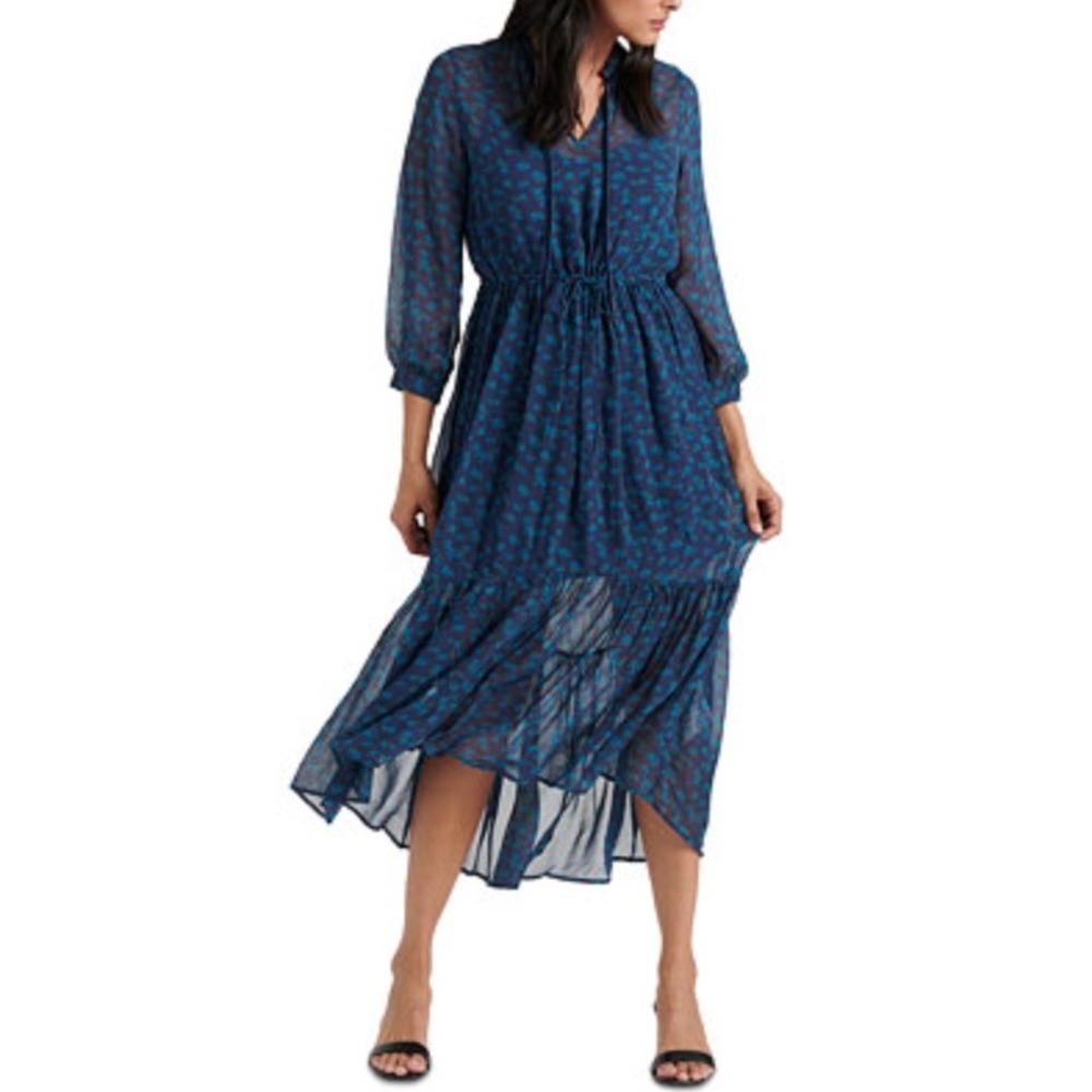 Lucky Brand Blue Floral Sheer Tiered Midi Dress Long Sleeve Boho V-Neck Small